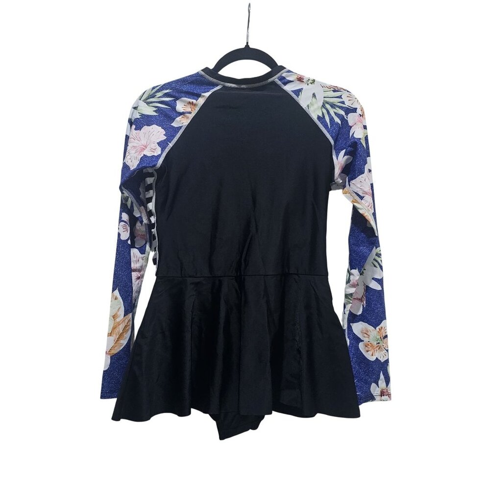 166.🆕 Large Long Sleeve Rash Guard Swim Dress UPF 50+ Black Stripe Floral NWOT - Picture 2 of 2